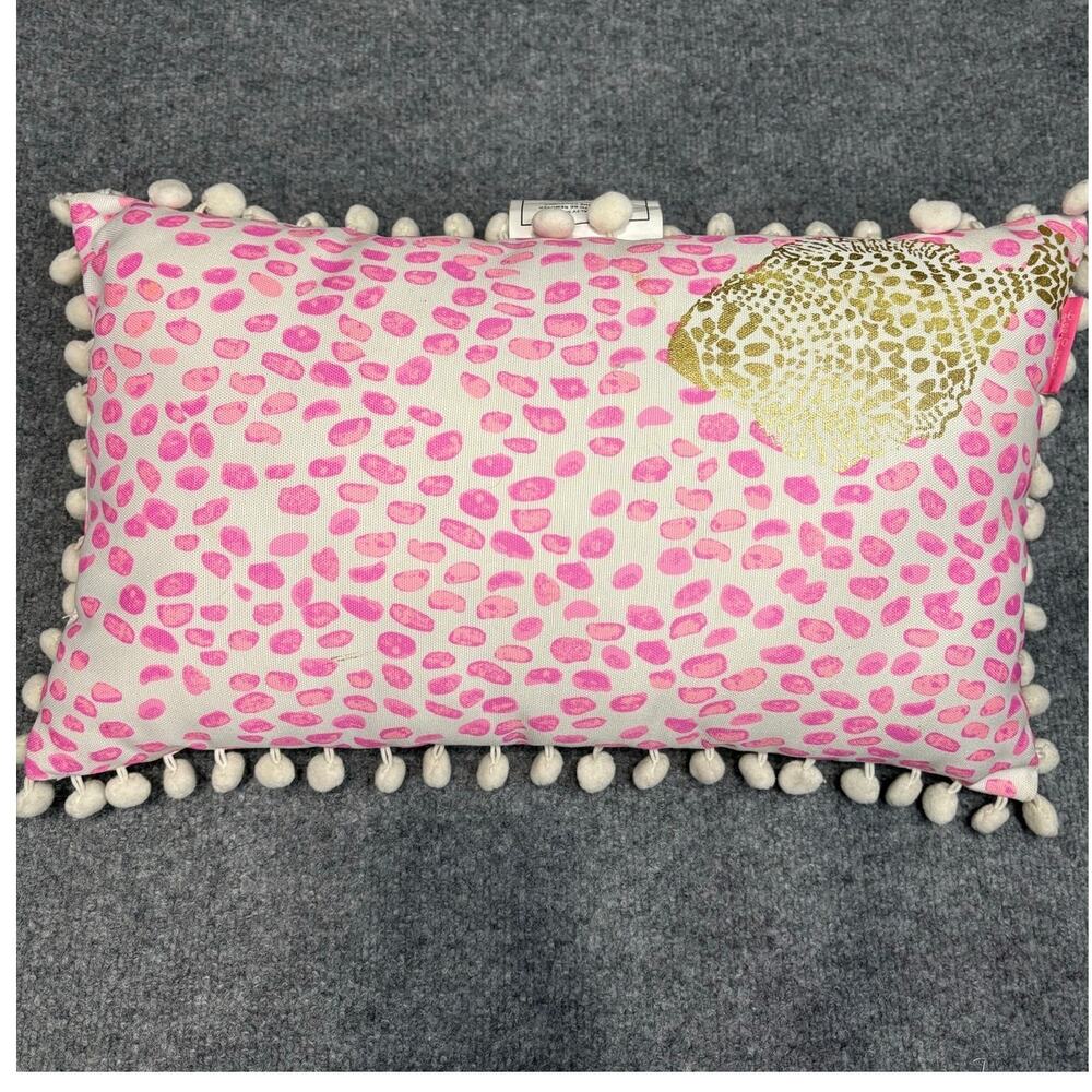 Lilly Pulitzer Lumbar Pillow Pink &  Gold Reversible Pom Pom Trim